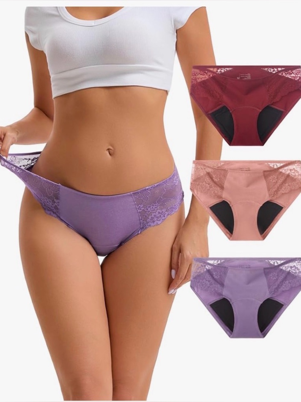 NEW Menstrual Underwear Lace Trim Cotton Blend Bikini Panties - Set of 3